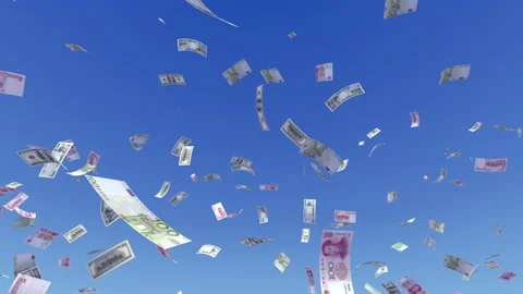 Money Falling Mix Large A from blue sky Stock Footage 203447306