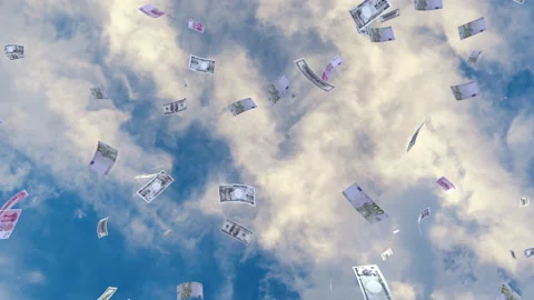 Money Falling Mix Large C from cloud sky 库存影片 203538587