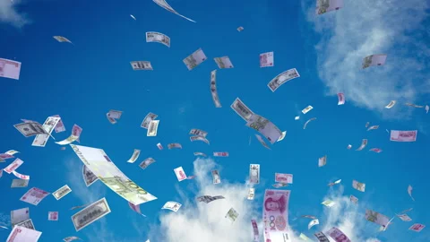 Money Falling Mix Large A from cloud sky Stock Footage 203448099