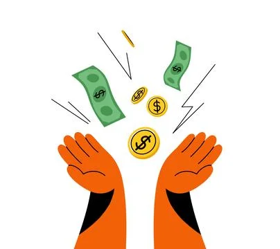 Money falling into open hands vector illustration. Cash, coins and dollar b.. Stock Illustration