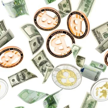 Money falling seamless pattern background. American, Euro Banknote cash. Bitc Stock Photos