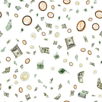Money falling seamless pattern background. American, Euro Banknote cash. Bitc Stock Photos