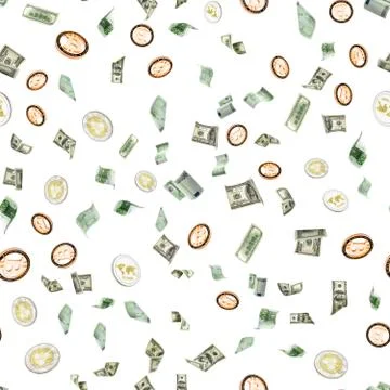 Money falling seamless pattern background. American, Euro Banknote cash. Bitc Stock Photos