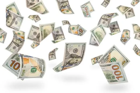 Money is falling from the sky. Isolate on falling white banknotes. One hundred Stock Photos