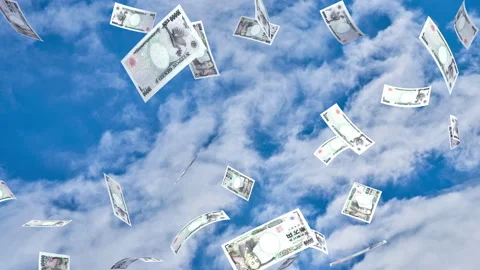 Money Falling Yen Large B from cloud sky 库存影片 203548504