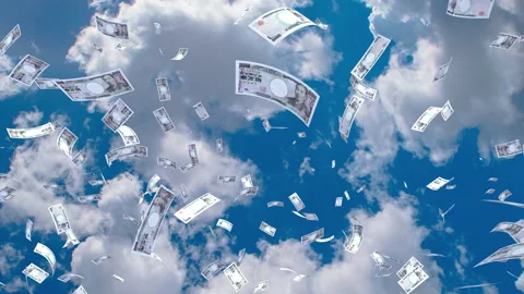 Money Falling Yen Large A from cloud sky 库存影片 203546385