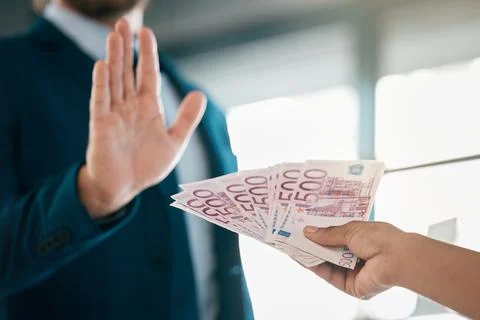 Money, finance and hand of a businessman saying stop fraud, corruption and money Stock Photos