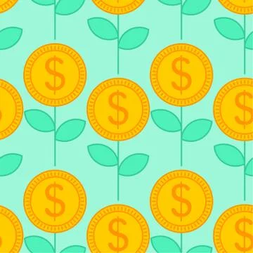 Money flower pattern seamless. Dollar sprout background. Grow wealth. Coin Fi Stock Illustration