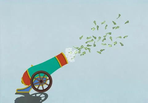 Money flying out of exploding cannon 스톡 일러스트