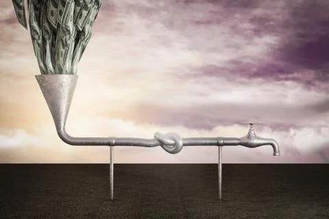 Money goes inside a clogged pipe demonstrating a market financial decline bus Stock Illustration