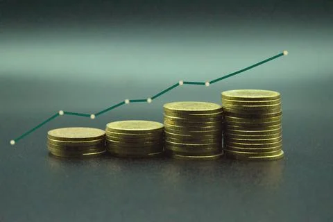 Money gold coin stack with lines graph black background Stock Photos