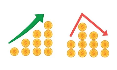 Money Growth and Decrease Icons with Coins and Up Down Arrows Stock Illustration