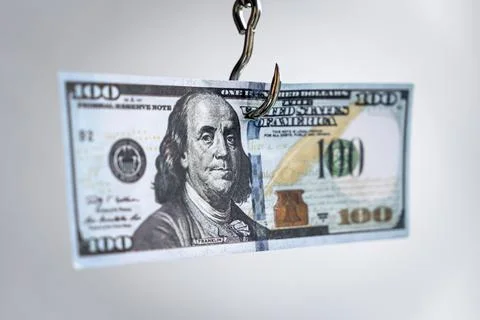 Money on hook. Hooked on dollars idea creative photo. Financial concept for l Stock Photos