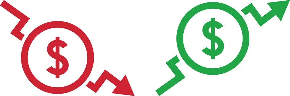 Money increase and decrease icons. Low or high total cost icon. Price, sale Stock Illustration
