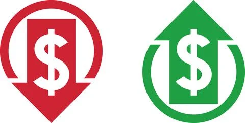 Money increase and decrease icons. Low or high total cost icon. Price, sale Stock Illustration