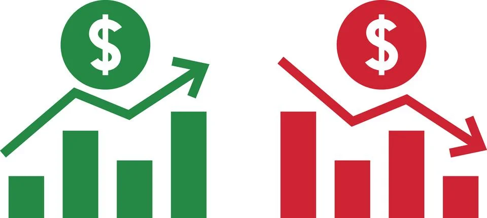 Money increase and decrease icons. Low or high total cost icon. Price, sale Stock Illustration