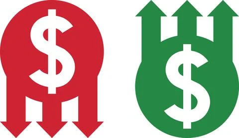 Money increase and decrease icons. Low or high total cost icon. Price, sale Stock Illustration