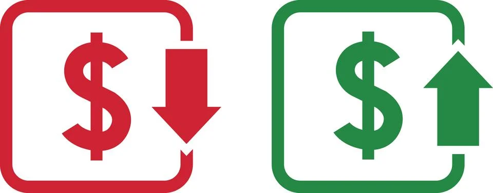 Money increase and decrease icons. Low or high total cost icon. Price, sale Stock Illustration