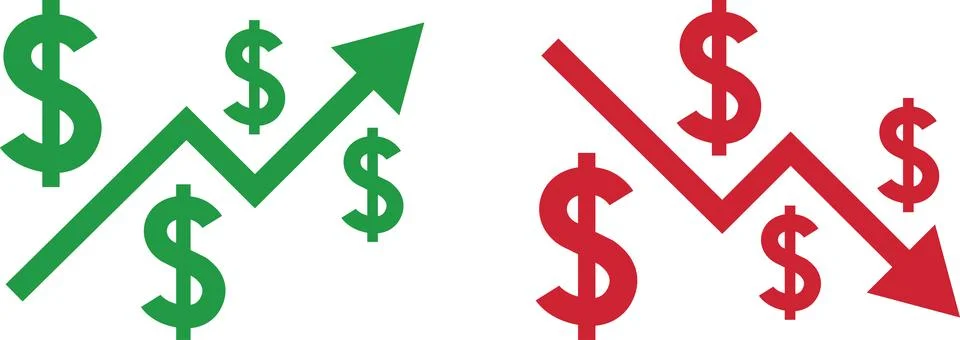Money increase and decrease icons. Low or high total cost icon. Price, sale Stock Illustration