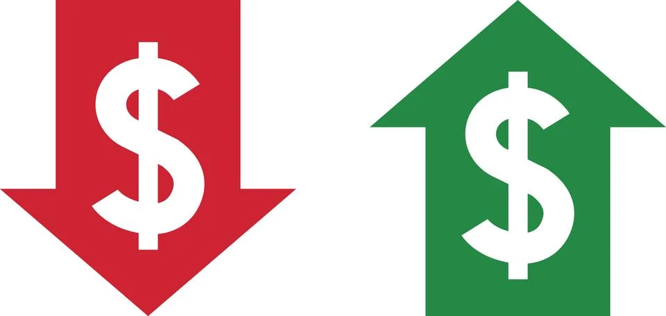 Money increase and decrease icons. Low or high total cost icon. Price, sale Stock Illustration