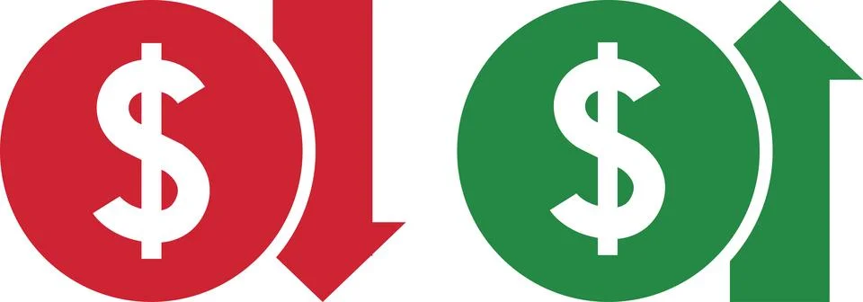 Money increase and decrease icons. Low or high total cost icon. Price, sale Stock Illustration