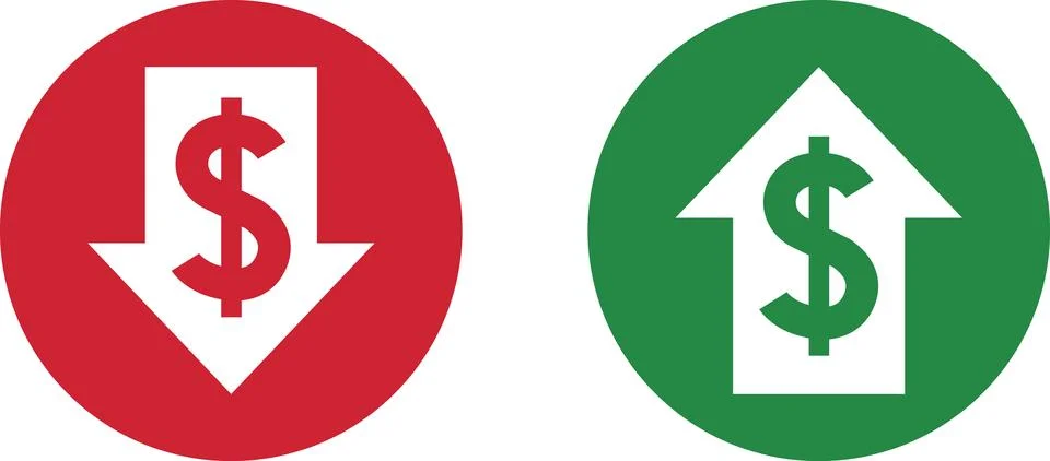 Money increase and decrease icons. Low or high total cost icon. Price, sale Stock Illustration