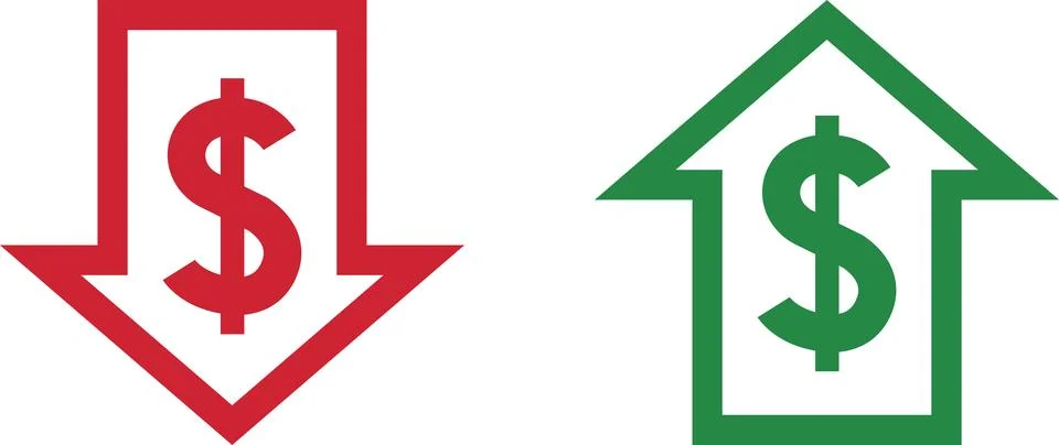 Money increase and decrease icons. Low or high total cost icon. Price, sale Stock Illustration