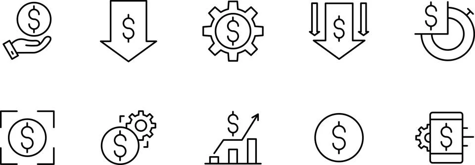 Money increase and decrease icons. Low or high total cost icon. Price, sale Stock Illustration