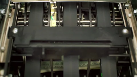 Money inside ATM machine. Slow motion. Video stock 87831209