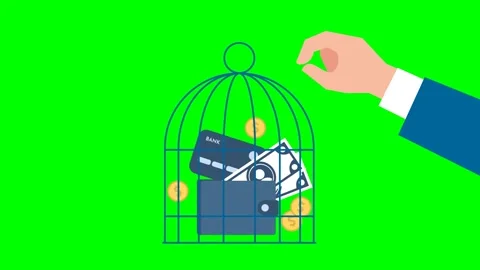 Money inside the cell. Man on top coveres with a metal cage money, dollar coins Stock Footage 282189477