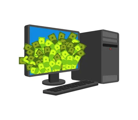 Money from Internet. Online work on computer. PC and cash Illustrazione stock