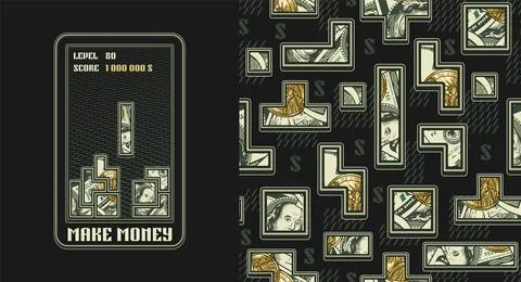 Money label and pattern with block computer game Stock Illustration