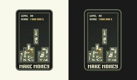 Money label like computer game in retro style. Text Make Money. Stock Illustration