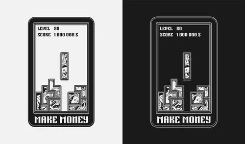 Money label like computer game in retro style. Smartphone entertainment Stock Illustration