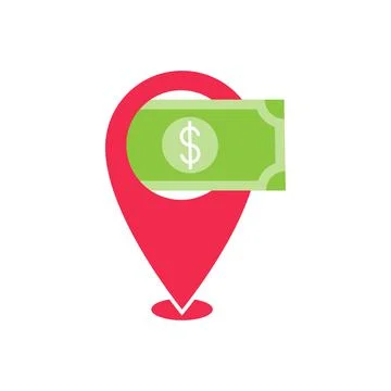 Money Location icon Vector Design. Money cash icon with Location Pin design c Stock Illustration