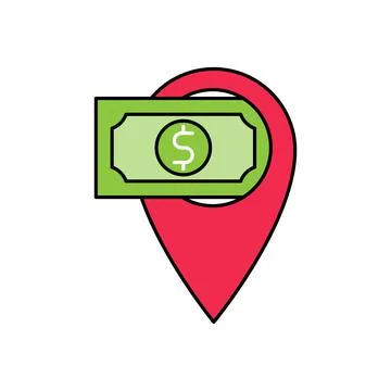 Money Location icon Vector Design. Money cash icon with Location Pin design c Illustrazione stock