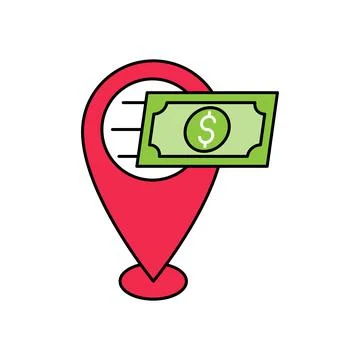 Money Location icon Vector Design. Money cash icon with Location Pin design c Stock-Illustration