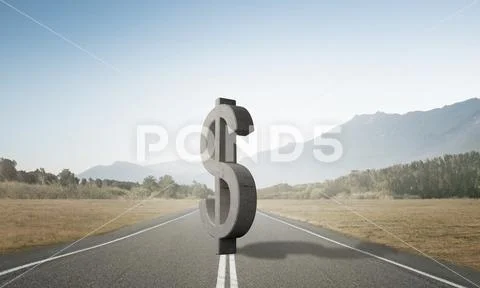 Money making and wealth concept presented by stone dollar symbol on asphalt road Stock Photos