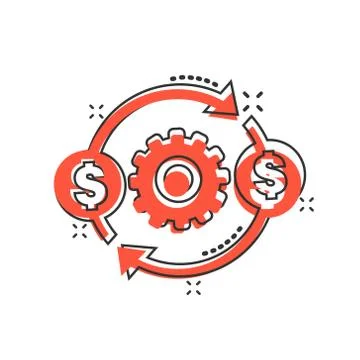Money optimization icon in comic style. Gear effective cartoon vector illustr Illustrazione stock