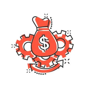 Money optimization icon in comic style. Gear effective cartoon vector illustr Stockillustratie