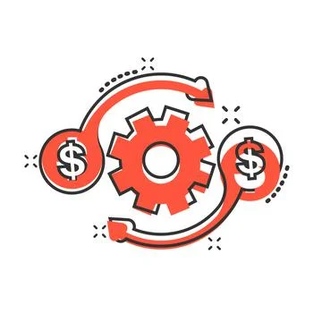Money optimization icon in comic style. Gear effective cartoon vector illustr Illustrazione stock