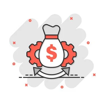 Money optimization icon in comic style. Gear effective cartoon vector illustr Illustrazione stock
