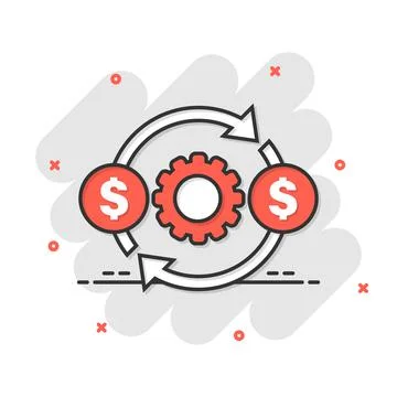 Money optimization icon in comic style. Gear effective cartoon vector illustr Illustrazione stock