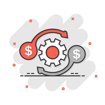 Money optimization icon in comic style. Gear effective cartoon vector illustr Illustrazione stock