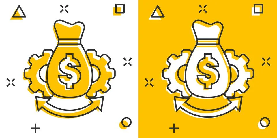 Money optimization icon in comic style. Gear effective cartoon vector illustr 库存插图