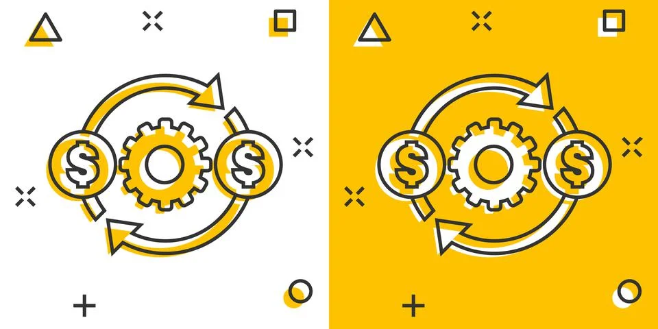 Money optimization icon in comic style. Gear effective cartoon vector illustr Illustrazione stock