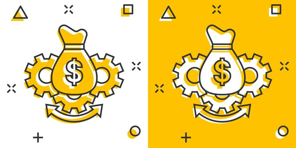 Money optimization icon in comic style. Gear effective cartoon vector illustr Illustrazione stock