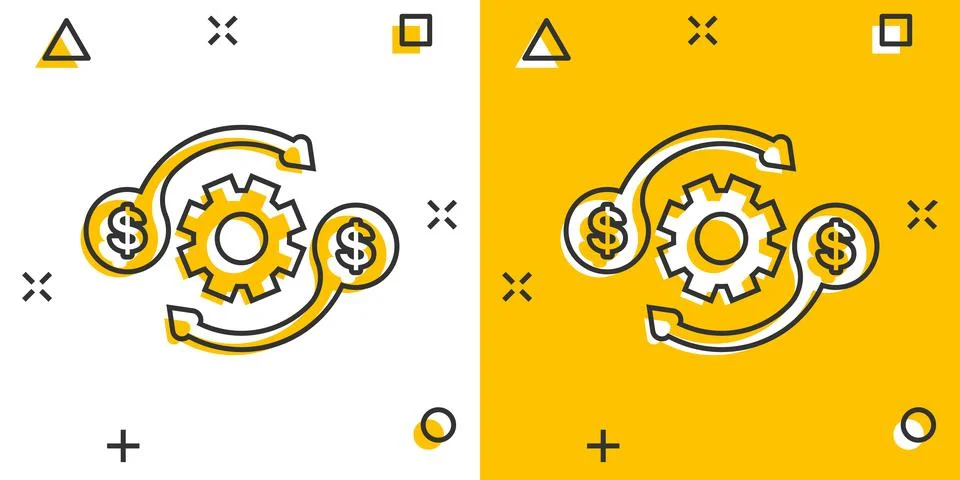 Money optimization icon in comic style. Gear effective cartoon vector illustr Illustrazione stock