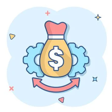 Money optimization icon in comic style. Gear effective cartoon vector illustr Illustrazione stock