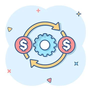 Money optimization icon in comic style. Gear effective cartoon vector illustr Illustrazione stock